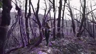 紫罗兰童话森林.. 女孩正走在童话森林里的小路上，她跳过倒下的树